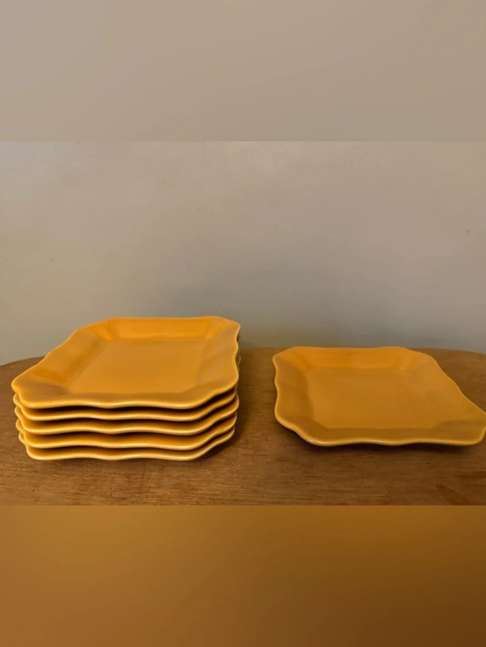 Sur La Table set of 6 Petite Ceramic scalloped edge Square Plate mustard yellow.